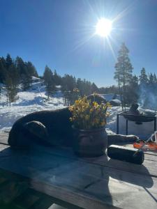 un jarrón con flores en una mesa con el sol en Mountain Cabin With Panoramic Views In Savalen, en Tynset
