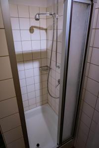a shower with a glass door in a bathroom at Adele-gemütliche Erdgeschoss Ferienwohnung für 2-4 Personen in Hüde +10 photos
