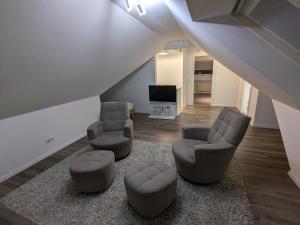 a living room with two chairs and a tv at DümmerDiva - exquisite Wohnung mit traumhaftem Seeblick in Lembruch