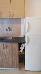 eine Küche mit Spüle und Kühlschrank in der Unterkunft Anastelia Apartments - 2 in Olympiada + 1 Foto