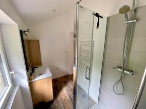 a bathroom with a glass shower and a sink at Charmante Maison au fil de la Voie Verte in Concarneau +9 photos