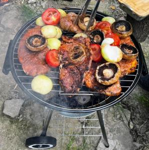 a barbecue grill with meat and vegetables on it at Na samotě u lesa in Vsetín