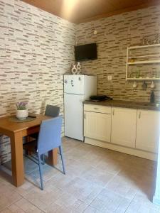 a kitchen with a table and a white refrigerator at APARMENTS Elina in Potamiá +16 photos