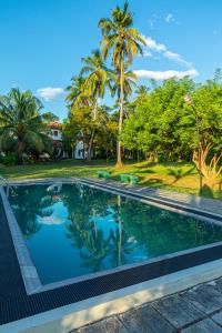a swimming pool with palm trees in the background at Illukawela Walauwa in Embilipitiya