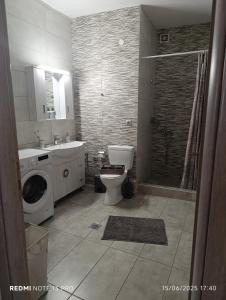 a bathroom with a toilet and a sink and a shower at Grand View Apartment in Panagia +37 photos