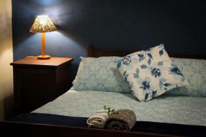 GraafwaterThe Big Tree Cottage的一间卧室配有一张带台灯和枕头的床