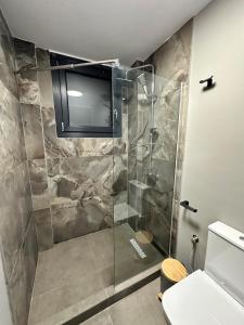 a bathroom with a shower with a television on the wall at Villa Agora in Nikiti +15 photos