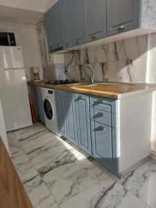 克拉约瓦The Secret Studios 2的厨房配有蓝色橱柜、水槽和冰箱。