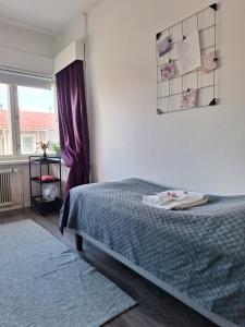 ポリにあるVarvinkatu apartmentのベッドルーム1室(青い毛布、窓付)
