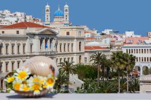 a basket of flowers in front of a city at Kalliope House in Ermoupoli