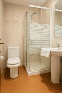 Un baño con inodoro, ducha y lavabo. en Pension Gelin, en Carrizo de la Ribera
