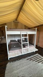 a white bunk bed in a tent with a rug at AЖ у НЕБІ in Vizhenka +9 photos