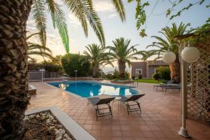 a swimming pool in a backyard with palm trees at Aiolis Mediterranean Villa in Sounio
