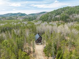 an overhead view of a cabin in a forest at L'Inukshuk - Chalet en bois ave Spa in Saint-Alexis-des-Monts
