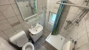 a bathroom with a toilet a sink and a shower at Ibolya Nyaralóház Fonyód in Fonyód