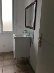 a bathroom with a sink and a mirror next to a door at Maisonnette 2 minutes pied plage in Grosseto-Prugna
