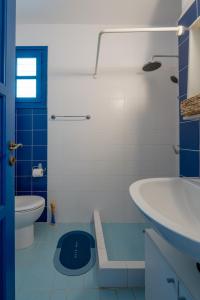 a blue and white bathroom with a toilet and a sink at Traditional Cycladic Home Paros in Naousa