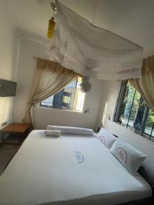 姆万扎Nyegezi Classis Hotel的卧室里有一张白色的大床，还有两扇窗户