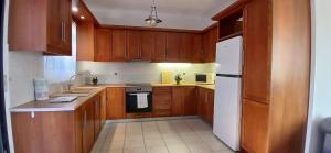 a kitchen with wooden cabinets and a white refrigerator at Pale Orb Properties Porto Heli in Porto Heli