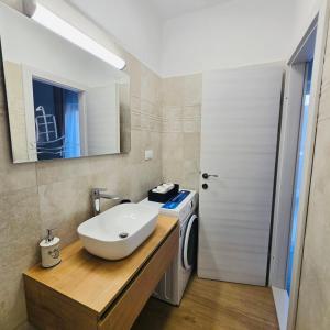 a bathroom with a sink and a washing machine at Apartment Luna Pelješac in Dubrava