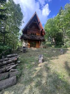 a log cabin in the middle of a forest at Chalet Le refuge in Allos