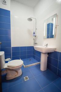 une salle de bain bleue avec des toilettes et un lavabo dans l'établissement View City Apartments, à Gjirokastër 15 autres photos