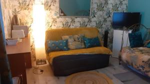 a living room with a chair and a television at Bucolique Studette in Malemort-sur-Corrèze