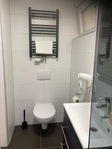 a bathroom with a toilet and a sink and a mirror at Duinstrand Burgh-Haamstede in Burgh Haamstede +31 photos