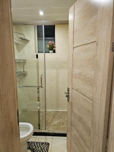 a bathroom with a shower with a toilet and a glass door at Ella Homes in Nairobi