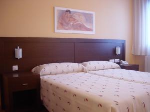 1 dormitorio con 1 cama y una foto en la pared en Hostal Acanto en Burgos