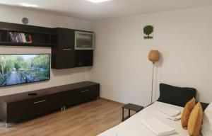a living room with a couch and a flat screen tv at Lovely Apartment With Courtyard in Mangalia