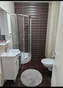 une salle de bains avec douche, lavabo et toilettes dans l'établissement Comfort u blizini Klinickog Centra, à Banja Luka