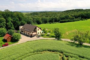 an aerial view of a house in a green field at Karavan na samotě u lesa in Zámrsky