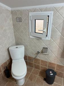 a bathroom with a toilet and a window at Kalithea Central View Apartments in Kallithea Halkidikis