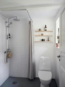 a white bathroom with a toilet and a shower at Peaceful Forest Idyll In Timber House For Families in Jyderup