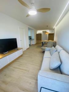 Una sala de estar con un sofá y un televisor de pantalla plana. en Delícies Mar apartamento, en Sant Carles de la Ràpita