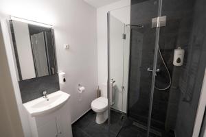 a bathroom with a toilet sink and a shower at Hotel Malvina in Sînnicolau Mare +10 photos