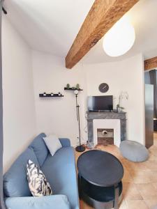 un salon avec un canapé bleu et une cheminée dans l'établissement Studio proche Capitole - Terrasse - Wifi - TV, à Toulouse