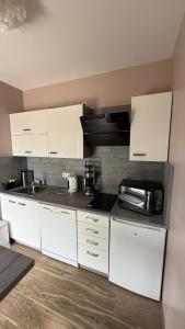 Traum-Ferienwohnung über 2 Etagen mit Sonnenterasse und Seenähe في زولبيتش: مطبخ به دواليب بيضاء و دواليب بيضاء