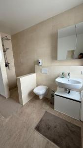 Traum-Ferienwohnung über 2 Etagen mit Sonnenterasse und Seenähe في زولبيتش: حمام مع حوض ومرحاض ومرآة