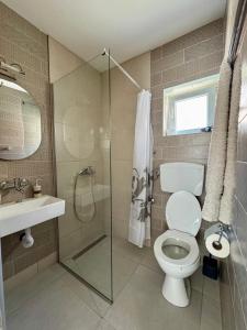 a bathroom with a toilet and a shower and a sink at Lemon&Olives in Budva