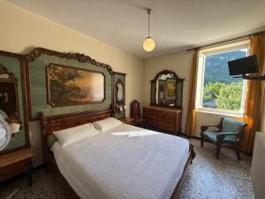 Pieve di TecoAlbergo Dellangelo的一间卧室，里面有一张床、一把椅子和一扇窗户