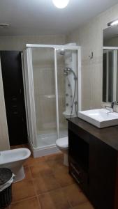 a bathroom with a shower and a toilet and a sink at El Racó de Ribes in Ribes de Freser +8 photos
