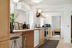a kitchen with wooden cabinets and a counter top at Renovated Estate With Private Beach in Roslev