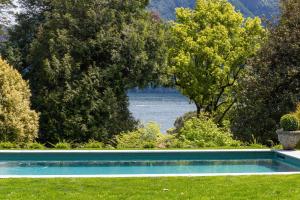 a swimming pool in the grass with a view of the water at Villa Porto Felice in Mezzegra