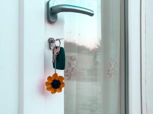 a door handle with a key and a flower on it at Casetta Girasole in Lamie di Olimpia