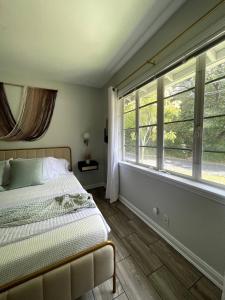 Un dormitorio con una cama y una ventana grande. en Downtown ATX! Deep Eddy Bungalow #A, en Austin