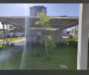 a sprinkler watering a palm tree in front of a house at Apartamento cop 30 ainda será mobiliado in Ananindeua