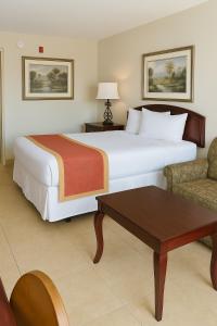 Una habitación de hotel con una cama grande y una mesa. en Serena Inn, en Kissimmee