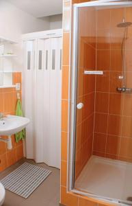 
a bathroom with a shower, sink, and toilet at Prague-1 Hostel in Prague
